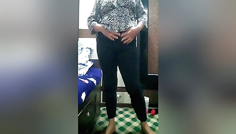 Sexy amateur brunette in pink top and panties goes solo