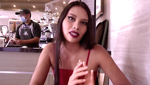 Solo brunette in a tight white dress in a nice black dress