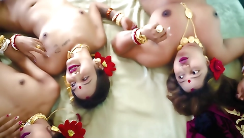 Chatty indian brunette gets her foursome fucked group sex