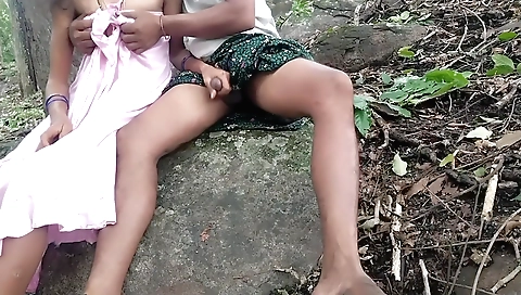 Beautiful hairy chick gets wet on the forest trail