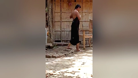 Hot nude bikini bathing in a outdoor bathroom video