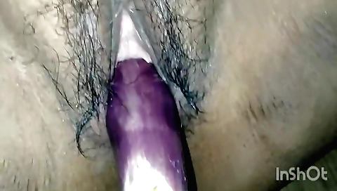 Indian toy girl sucks a double brinjal cucumber dildo