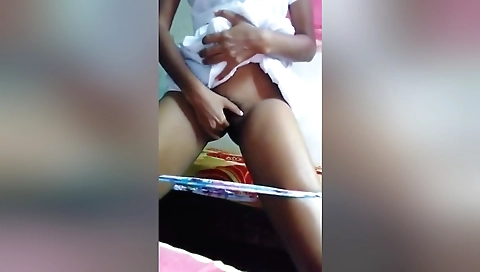 Busty brunette with hairy pussy plays with her hairy pussy