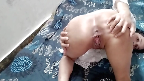 Kowka gets dressed up with white dress and begins fingering