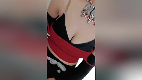 Busty stepsister in sexy black bikini fucks her big mammoth breasts