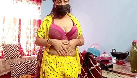 Indian stepmom shows her hairy pussy in the bedroom
