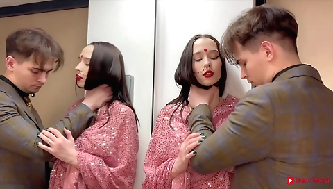 Indian brunette girl with shaved cunt fucks on sofa