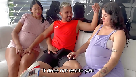 Two busty girls are pregnant and fucked in a bedroom